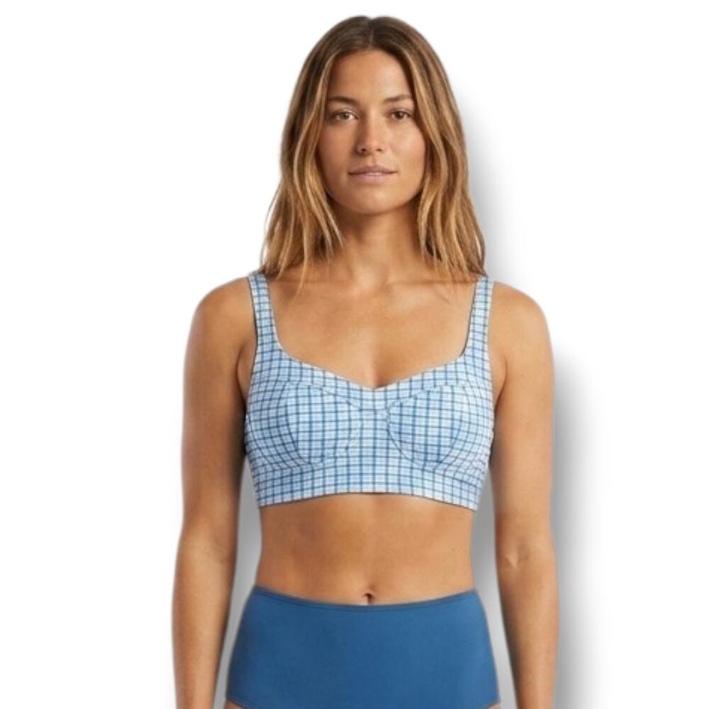 KATHY IRELAND Vintage Plaid Swim Top Large Blue White Gingham Bikini Crop